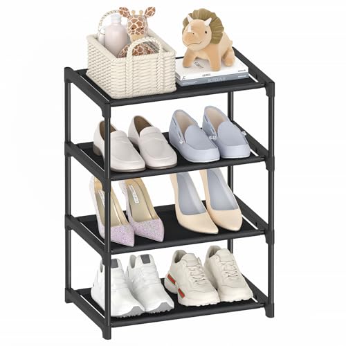 4 Tier Small Shoe Rack, Narrow Stackable Kids Toddler Adult Shoe Storage Organizer Shelf for Closet Floor Entryway Bedroom, Space Saver Shoe Rack Organization Shelves