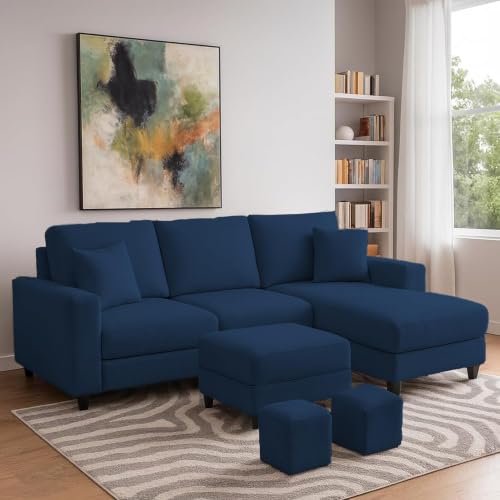 Image of Casaliving Rolando 4 Seater L Shape Sofa Set for Living Room Left Side (Blue, 4 Seater with Ottoman - RHS) Sofa Set