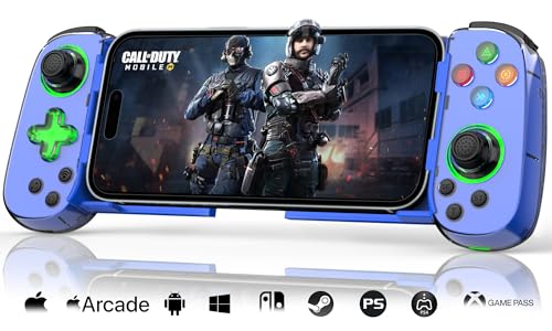 Phone Game Controller for iPhone 17/Android/PC/Switch, Play COD, Genshin,Support Streaming on PS5/Xbox/PC Console, Cloud Gaming Wireless Gamepad Joystick, Turbo/6-Axis Gyro/Dual Motor, Green Light, Blue