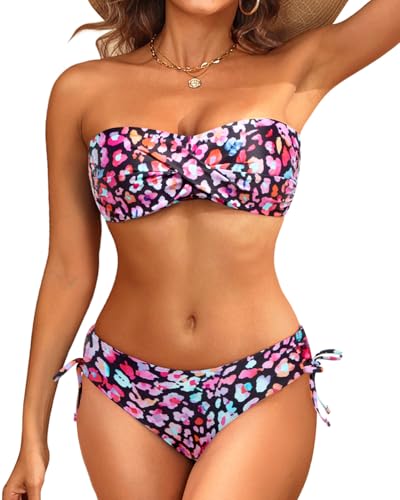 Image of Tempt Me Women Strapless Bandeau Bikini Set Twist Front Two Piece Swimsuit | Detachable Shoulder Straps, Molded Cup Design, Anti-slip Strips, Side Tie Bikini Bottom, Low Rise Fit