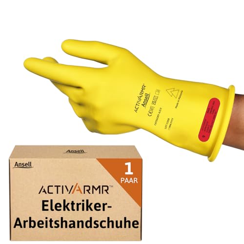 Ansell ActivArmr Elektriker-Schutzhandschuhe, Elektroschutz Klass 0 (1000V), Elektrisch Isolierende Gummihandschuhe, Professionelle Arbeitshandschuhe 28cm, Gelb, Größe L (1 Paar)