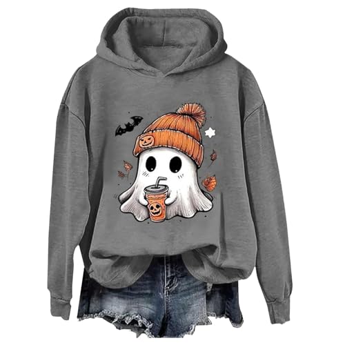 Sudaderas con capucha de Halloween para mujer, sudaderas divertidas de fantasma, tallas grandes, disfraces de Halloween, camisetas de manga larga, ropa de moda para vacaciones, gris, L