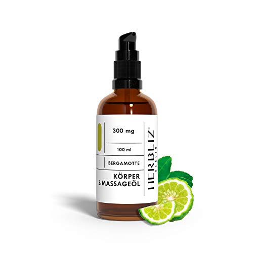 HERBLIZ Bergamotte Massageöl mit 300mg CBD | Belebendes, Romantisches Bio Massage Öl mit aromatischem Bergamotte-Duft und Aroma | Mit ätherischen Ölen | Ausgleich für Körper & Seele Cover