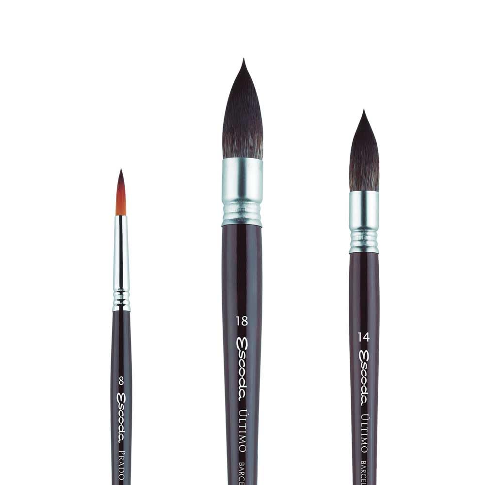 ESCODA Set 3 Pennelli Acquerello - N. 8 Punta Tonda N. 14, 18 Piuma in Fibra Sintetica Petit Gris Set 2 Alvaro Castagnet Serie Prado Ultimo Professionale Fatto a mano a Barcellona.