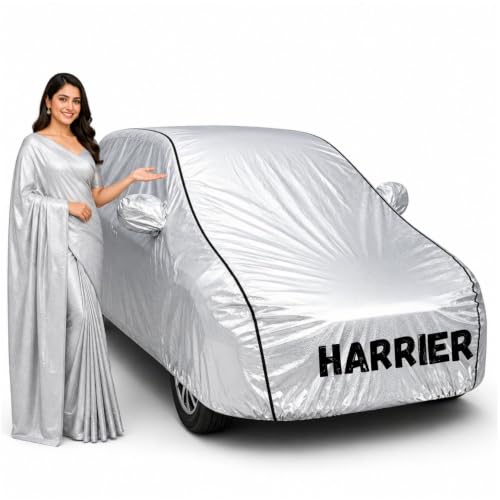 Image of Waterproof Car Body Cover for Harrier All Weather Protection Comes with Inner Cotton Lining & Triple Stitched with Mirror & Antenna Pocket Belt & Elastic Fit Metallic Silver with Black Piping1