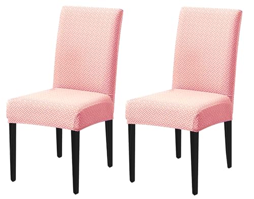 Image of House of Quirk Elastic Jacquard Chair Cover Stretch Removable Washable Short Dining Chair Cover Protector Seat Slipcover (Pack of 2, Pink)