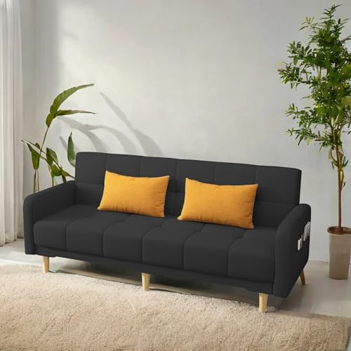 Image of Casaliving Melfoy 3 Seater Sofa Cum Bed for Living Room with Ottomon (Black Fabric) Premium Fabric Sofa