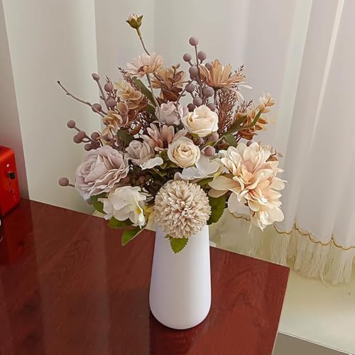 Peauley 42cm künstliche Blumen Seidentischdekoration Faux Plastik Florale Tischdekoration für Zuhause mit Rosen, Löwenzahn, Gänseblümchen, Hortensien, Eukalyptus, Chrysanthemen und Stechpalmenbeeren