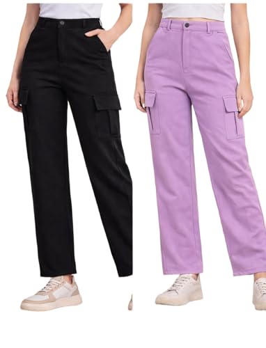 Image of Women's Cargo Pants High Waisted Baggy Wide Leg Cargo Trousers Casual Loose Fit 4 Pocket Utility Streetwear Fashion Work Bottoms, White Black Pink Lavender Beige Brown