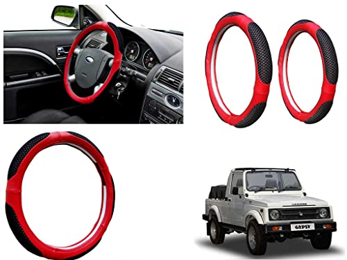 Image of Microfiber Car Steering Wheel Cover, Soft Padding Great Hand Feel, Anti-Slip, Faux Leather Steering Cover for Maruti Suzuki Gypsy Mg410 | Black Red Jali - Pack of 1