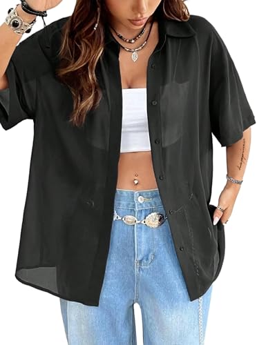 Avanova Women See Through Mesh Button Down Top Half Sleeve Collared Shirt Blouse3