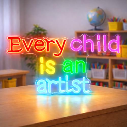 Image of inchEvery Child Is An Artist inch Neon Sign Letter Neon Light for Wall Decor Colorful LED Neon Sign Classroom LED Neon Light Children Neon Signs for Bedroom Kids Room Drawing Room Decor Gift