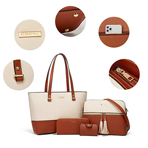 Lovematch Damen-Handtaschenset aus Kunstleder, mit Tragegriff, 4-teilig, Beige+Braun, Large