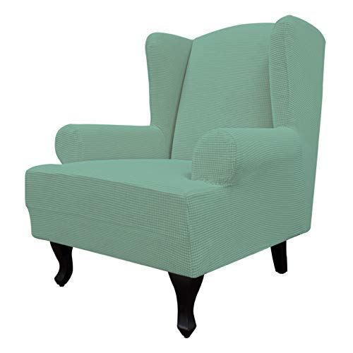 Image of Easy-Going Stretch Large Wingback Chair Sofa Slipcover Cyan | 1-Piece Sofa Cover Furniture Protector Couch Soft with Elastic Bottom, Spandex Jacquard Fabric Small Checks