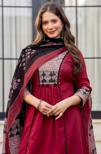 Image of Amayra Women's Pure Cotton A-Line Kurta Set with Palazzo Pants & Dupatta|Ethnic wear|Kurti Suit Set for Women