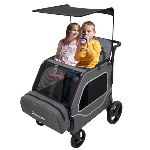 JULYSHILIU Foldable Fun Car-Shaped Wagon Stroller for 2 Kids All-Terrain Push Cart, XL Cargo Space, Removable Canopy, 5-Point Harness & Elevated Seats for Park/Shopping/Outings (Black Grey)