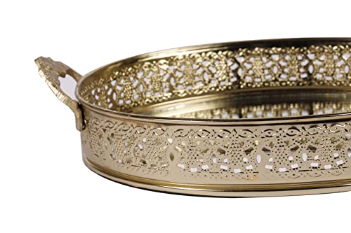Image of Craft Brio -A TRENDY HANDICRAFTS Oval Glass Mirror Gold Plated Serving Tray with Handmade Handles Decorative Vanity Perfume Storage Pooja Wedding Gifting Trays (28 X 16 cm)