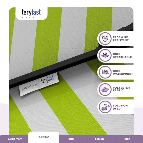 Image of Midtown Umbrellas - 10-Year-No-Fade 9 Ft Patio Umbrella with Terylast Fabric, Auto-Tilt Aluminum Frame and 8 Reinforced Ribs for Deck, Pool, Garden & Beach - Green /White Stripes Canopy, Black Pole