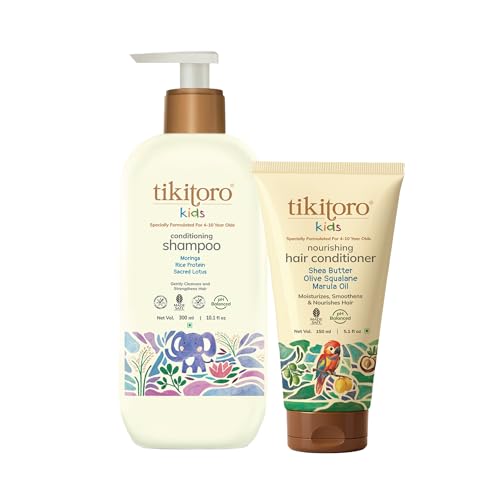 Image of Tikitoro Kids Cleanse & Condition Duo | Nourishing Shampoo & Conditioner Set | Gentle Cleansing, Detangling & Frizz Control | No Parabens & Sulphates (Age 4+) (300ml x 1 and 150ml x 1)