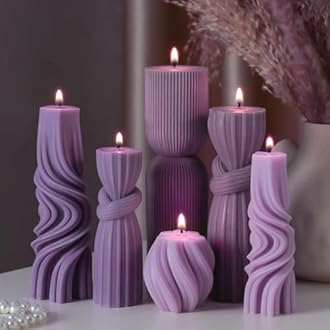 6 Pcs Pillar Candles Decorative Modern Aesthetic Ribbed Candle Set Cute Soy Wax Scented Ribbed Decor Valentine's Commemorative Gift for Home Decoration(Purple,2.36-6.89 Inch)