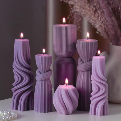 6 Pcs Pillar Candles Decorative Modern Aesthetic Ribbed Candle Set Cute Soy Wax Scented Ribbed Decor Valentine's Commemorative Gift for Home Decoration(Purple,2.36-6.89 Inch)
