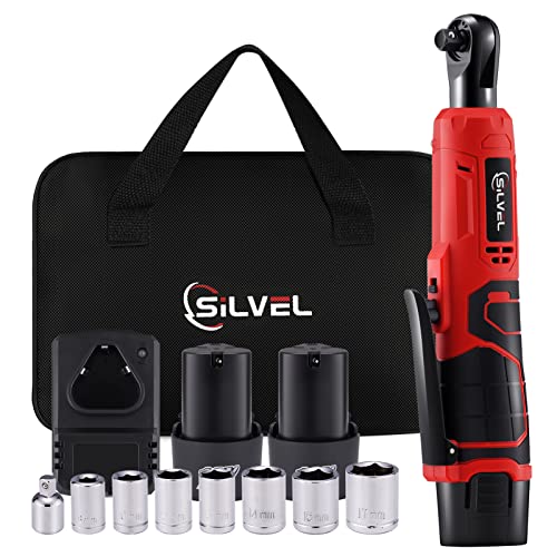 SILVEL 3/6' Cordless Electric Ratchet Wrench Set, 12V, 46 Ft-lbs, 400 RPM, 2 Pcs 2.0Ah Lithium-Ion Batteries, 7 Sockets, 1/4' Adapter