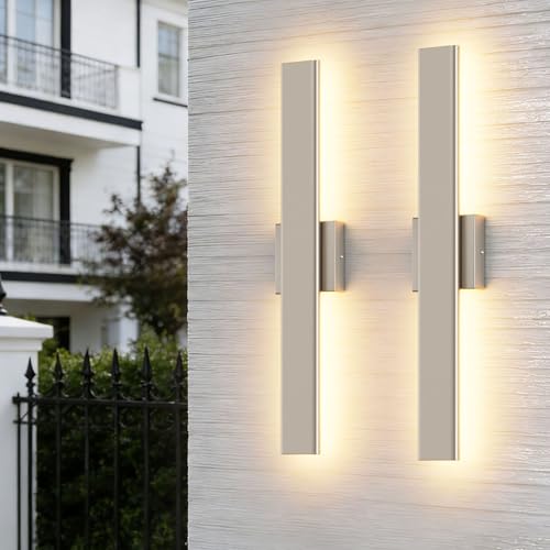 Image of Aipsun 2 Packs Nickel Outdoor Wall Light 23.6inch Modern LED Exterior Wall Sconce, Long LED Linear Exterior Lights 3000K 4000K 6000K for Entrance, Hallway, Garage, Porch(3CCT)