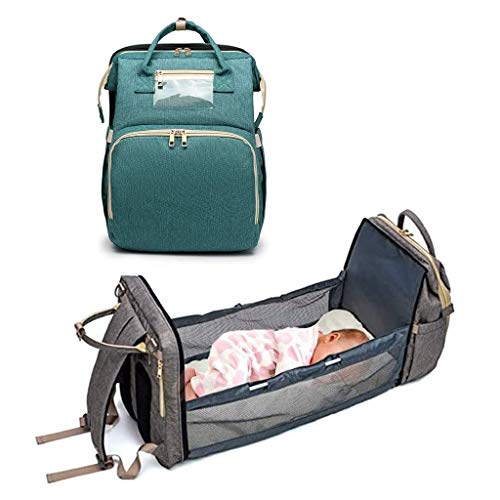 Baby-Windel-Tasche, Faltbar Wickeltasche Rucksack Mit Insulated Taschen Und Seitengewebetasche, Convertible Baby-Reise Playpen Bett,Grün
