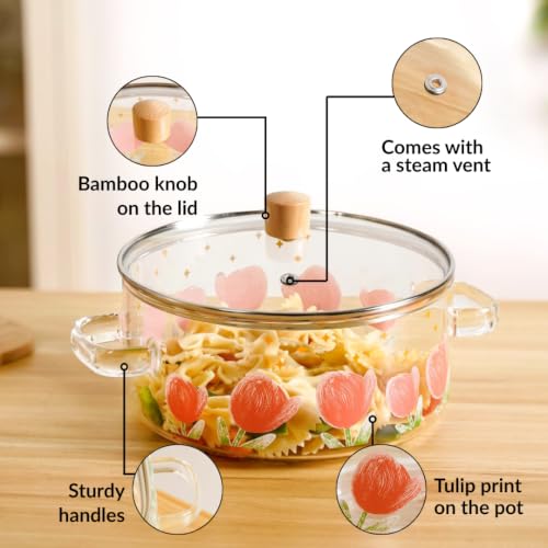 Image of Nestasia Glass Cooking Pot with Lid on Gas Stove (2.5L) - Tulip Printed Glass Casserole with Steam Vent for Cooking | Microwave & Dishwasher Safe, Lightweight & Durable Borosilicate Cookware