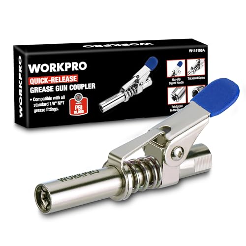 WORKPRO Testina Ingrassatore Professionale 10000 PSI con Manico Singolo e Blocco a 6 Morsetti, Adattatore per Pistole Grasso Compatibile con NPT 1/8 Pollice