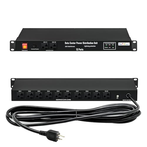 Image of 1U Horizontal PDU 19 inch Rack Mount Power Strip | Surge Protector for Network Servers, 12 NEMA 5-15R Outlet, 120V 20A, 3600 Joules 10KA, Heavy-Duty 12 AWG 16 ft Cord