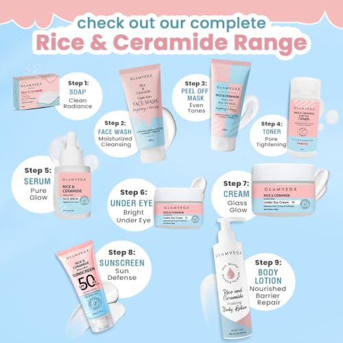 Image of Glamveda Korean Rice & Ceramide 3 Step Daily Skincare Routine | Face Wash, Serum & Sunscreen | For Clear, Glass Korean Skin Brightening & Hydrated Skin | For Men & Women