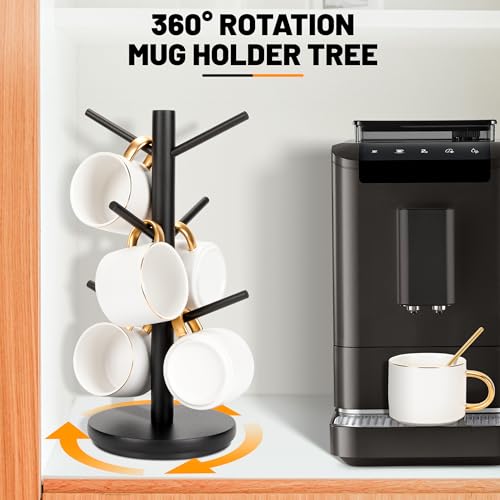 Black Wooden Coffee Mug Holder with 6 Hooks