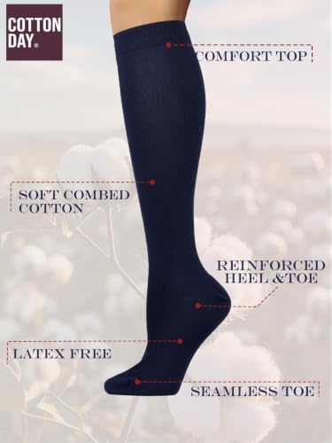 Image of COTTON DAY Women's Soft Combed Cotton Knee High Long Calf Dress Socks Seamless Toe Black White Gray Navy Blue Brown 3 Pack