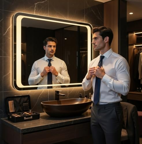 Image of VENETIAN IMAGE Rectangular LED Mirror for Bathroom | Dual-Sided Glow with Warm, Natural & Cool Light | Touch Sensor Dimmable Wall Mirror for Bedroom, Wash Basin (76x60 cm)