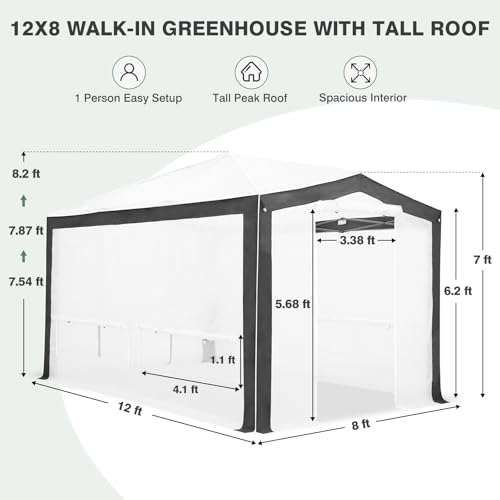 Image of EAGLE PEAK 12x8 Walk in Pop Up Greenhouse, Support Pole, Gray /White