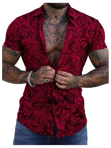 GORGLITTER Men's Paisley Cruise Shirts Vintage Floral Button Down Shirt Short Sleeve Summer Beach Vacation Casual Tops Red Large
