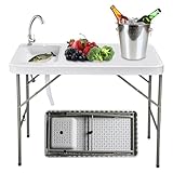 LUVCMFT Folding Fish Cleaning Table with Sink – 4FT Portable Camping Sink & Fillet Station, Outdoor Sink w/Faucet & Hose Hookup for Fishing, Dock, Beach, Kitchen, Patio, Picnic