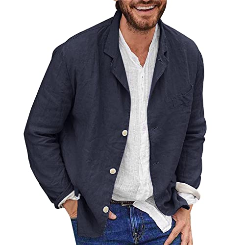 Chaqueta de Lino y Algodón para Hombre, Blazers para Hombre Casuales de Ajuste Regular Transpirables de Colores Simples Chaquetas de Traje Camisa de Manga Larga Superior con Bolsillos Ajuste Regular