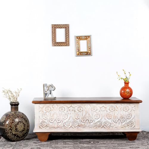 Image of Teba Wooden Trunk Box for Storage | Solid Wood Coffee Table for Living Room | Center Coffee Table with Storage | Front Wooden Carved Sandook Pitara for Home Decor & Bedroom (White Distress)