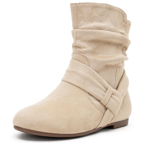Image of Vepose Women's Slouch Ankle Boots, Flat Low Heel Side Zip Booties 939A