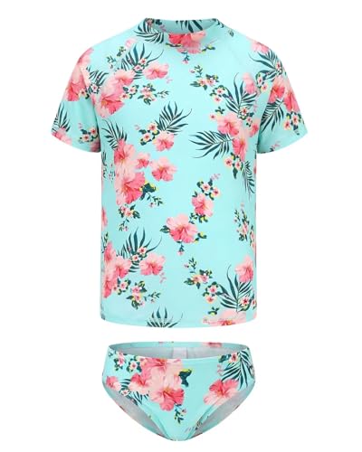 Image of Girls Two Piece Rash Guard Swimsuits Set Short Sleeve Bathing Suit for Kids Hawaiian Swimwear Set 3-16 Years
