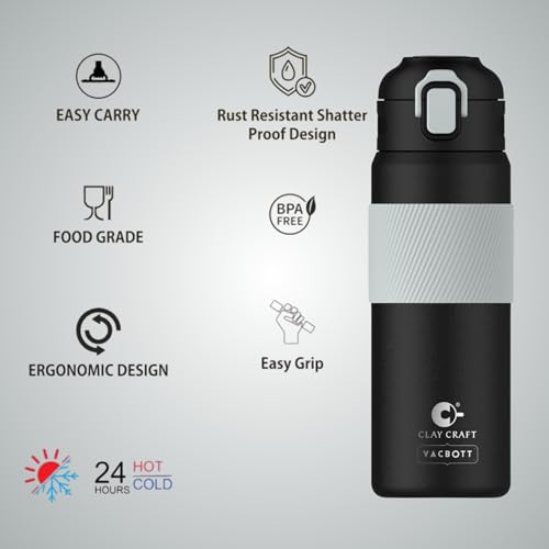 Image of Clay Craft VACBOTT Amber Double Walled 24 Hours Hot and Cold Water Bottle-700ML, 2-Piece(Black) Leak Proof|Easy to Carry|Gym Bottle|Home|Kitchen|Hiking|Travel Bottle|BIS Certified|Made in India