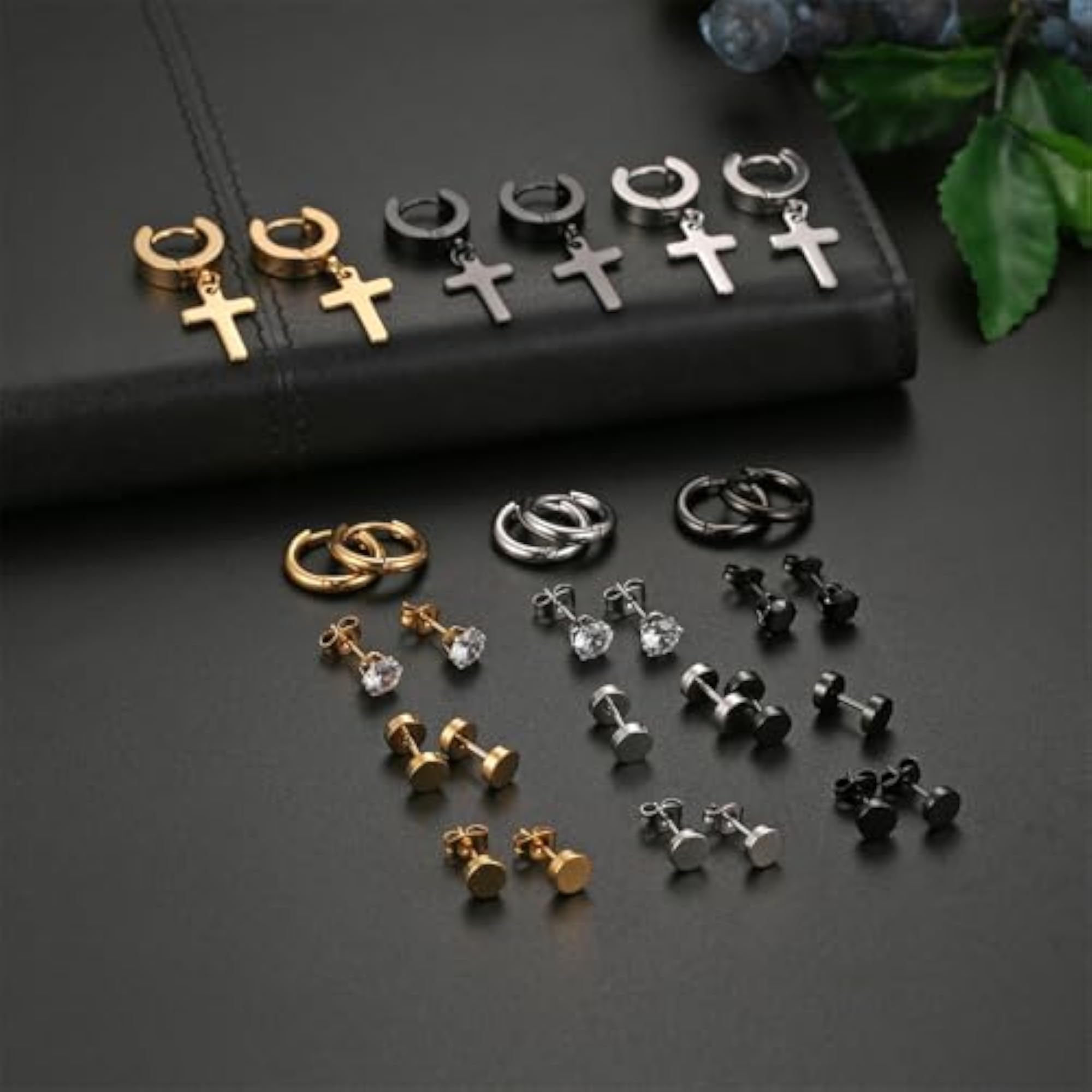 12 Pairs Men's Stainless Steel Earrings Set, Gift