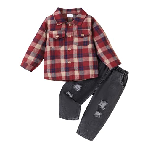 Toddler Baby Boy Clothes Winter Outfits Button Down Plaid Shirt + Pocket Jean Pants Set 12 Months - 5 Years Old