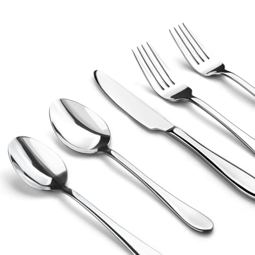 SilouC 40-Piece Stainless Steel Flatware Set - Heavy-Gauge 18/0 Silverware for 8, Dishwasher Safe & Rust Resistant, Mirror Finish Modern Cutlery Set for Daily Use, Wedding & Housewarming Gift
