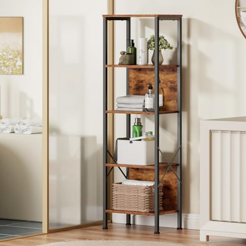 Furologee CTBS-009 5 Tier Bookshelf With Back, Tall Narrow Bookcase, Rustic Standing Shelf Units thumb #4