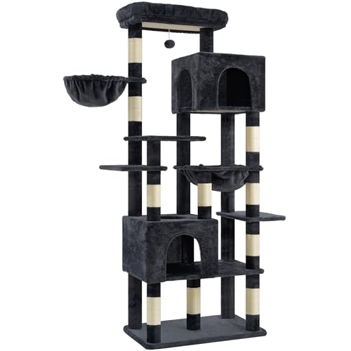 Image of Heybly Cat Tree, 76-Inch Tall Heavy Duty Cat Tower for Big Cats HCT039G | Multi-Level Large Cat Furniture with Extra Wide Baseboard, 2 Condos & 2 Hammocks, 10 Scratching Posts, Smoky Gray