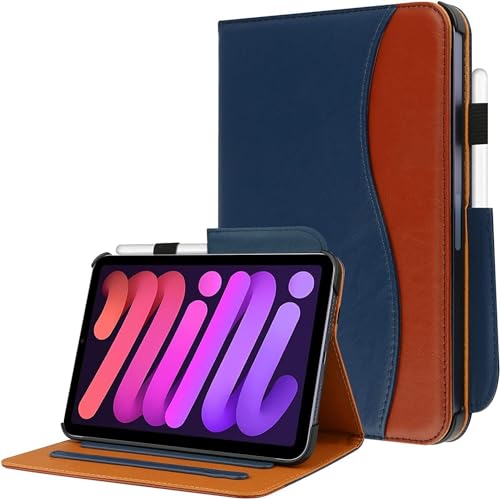 Leather Case with Pencil Holder for iPad Mini 6 (8.3-inch, 2021) - Auto Sleep/Wake Function Cover - Durable, Slim Protective Tablet Sleeve for iPad Mini 6th Generation (Blue & Brown)