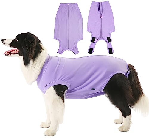 Sychien Dog Recovery Suit Female Spay Surgery Large Onesie, Zipper Closure Cotton Striped Wounds Protect Surgical Suit, Plain Purple L